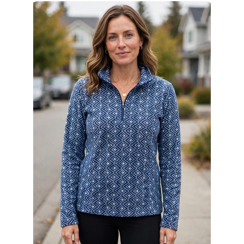 Lands End Womens Blue Geometric Diamond Print Quarter Zip Fleece Pullover Medium